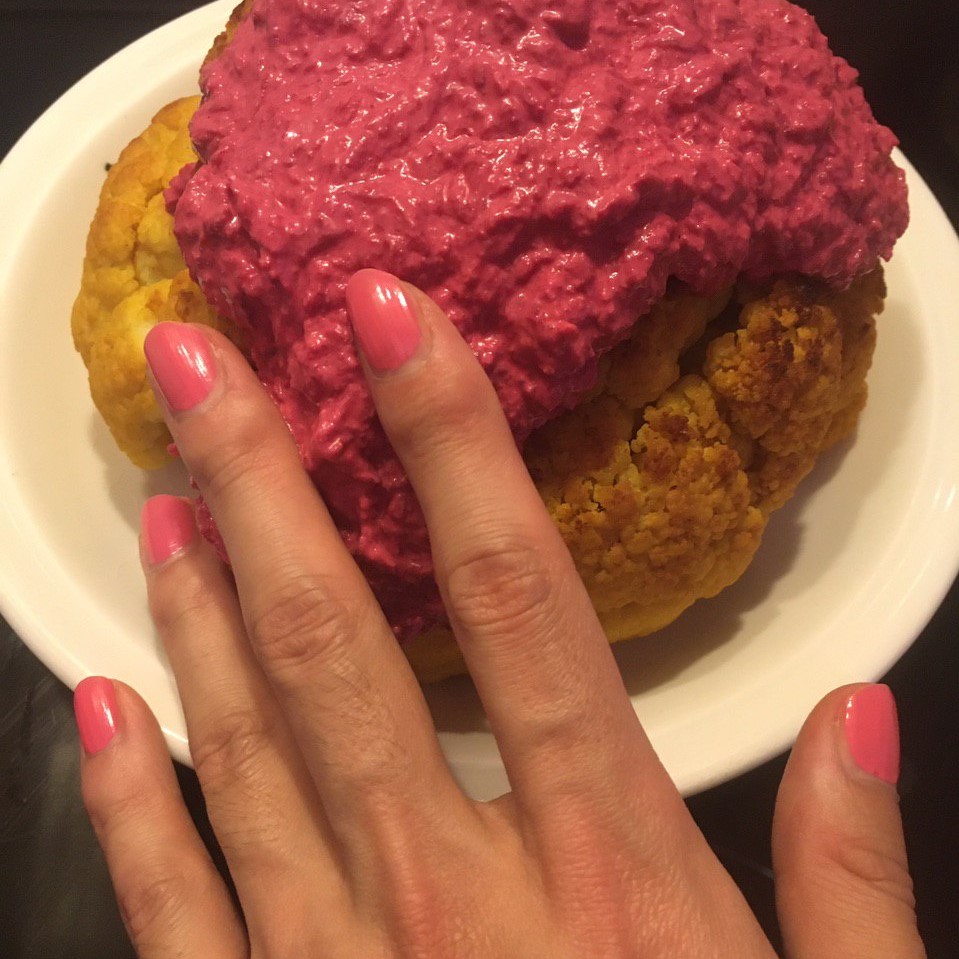 cauliflower served with beetroot sauce